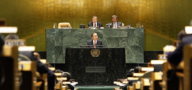 United Nations Secretary-General Ban Ki-moon speaks at the 2010 High-level Review Conference of the Parties to the Treaty on the Non-Proliferation of Nuclear Weapons (NPT).  Mr. Ban urged nations to make nuclear disarmament targets a reality.