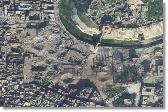 Aerial Photo of the damage caused by tunnel bombs around the citadel in Aleppo. 