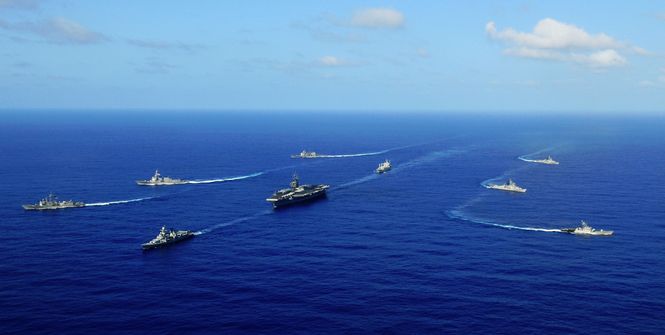 Malabar naval exercises: U.S. Carrier Strike Group Ronald Reagan with the Indian Navy. Photo Credit: Wikipedia (U.S. Navy) Creative Commons