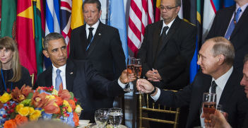 United States President Barack Obama and Vladimir V. Putin, President of the Russian Federation, share a toast at a luncheon hosted by Secretary-General Ban Ki-moon in honour of world leaders attending the general debate of the General Assembly. Photo Credit: Flickr (United Nations Photo) Creative Commons