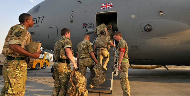 Troops Board RAF C17 Transport Aircraft enroute to Afghanistan. Photo Source: (Flickr) Defence Images. Creative Commons.