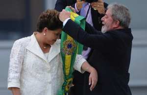 Dilma Rousseff receives the presidential sash from Luiz Inacio Lula de Silva on 1 January 2011. 