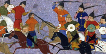 Battle between the Mongol and Jin Jurchen armies. Photo source: Rishad-al-Din Hamadani (Wikimedia). Public domain. 