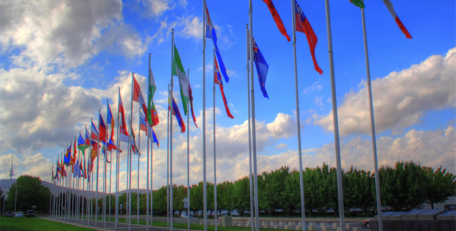Flags representing all the diplomatic missions in Canberra. Photo source: Prescott Pym (Flickr). 