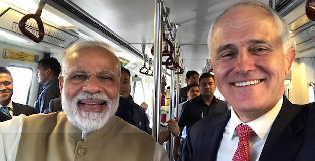 Turnbull and Modi on train during Turnbull's 2017 Indian visit. From Turnbull's Facebook page.