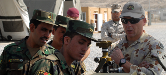 Australian Army sergeant teaches Afghan Nation Army officers artillery setup (Wikimedia Commons)