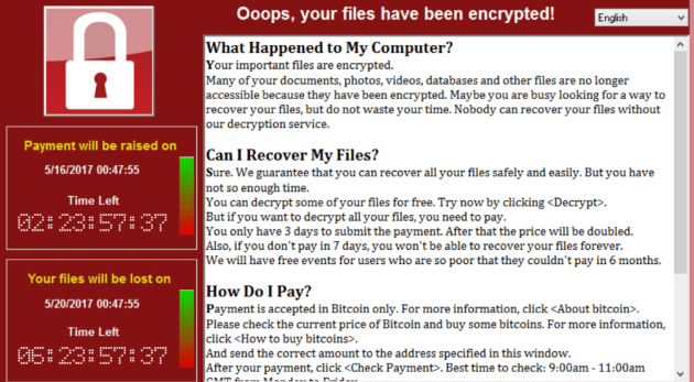 Screenshot of a computer infected by the WannaCry ransomware (WikimediaCommons)