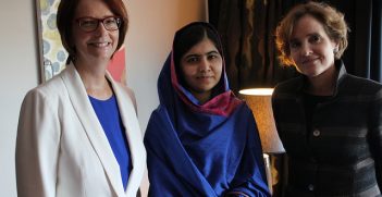 Alice Albright and Julia Gillard, CEO and Board Chair of the GPE, with Malala Yousafzai