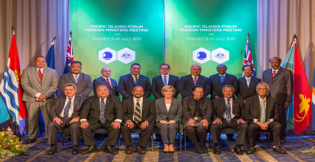 Pacific Islands Leaders, Ministers and Dame Meg Taylor, Secretary General of the Pacific Islands Forum, with Foreign Minister Bishop following the inaugural Pacific Islands Forum Foreign Ministers Meeting in Sydney, on 10 July 2015.