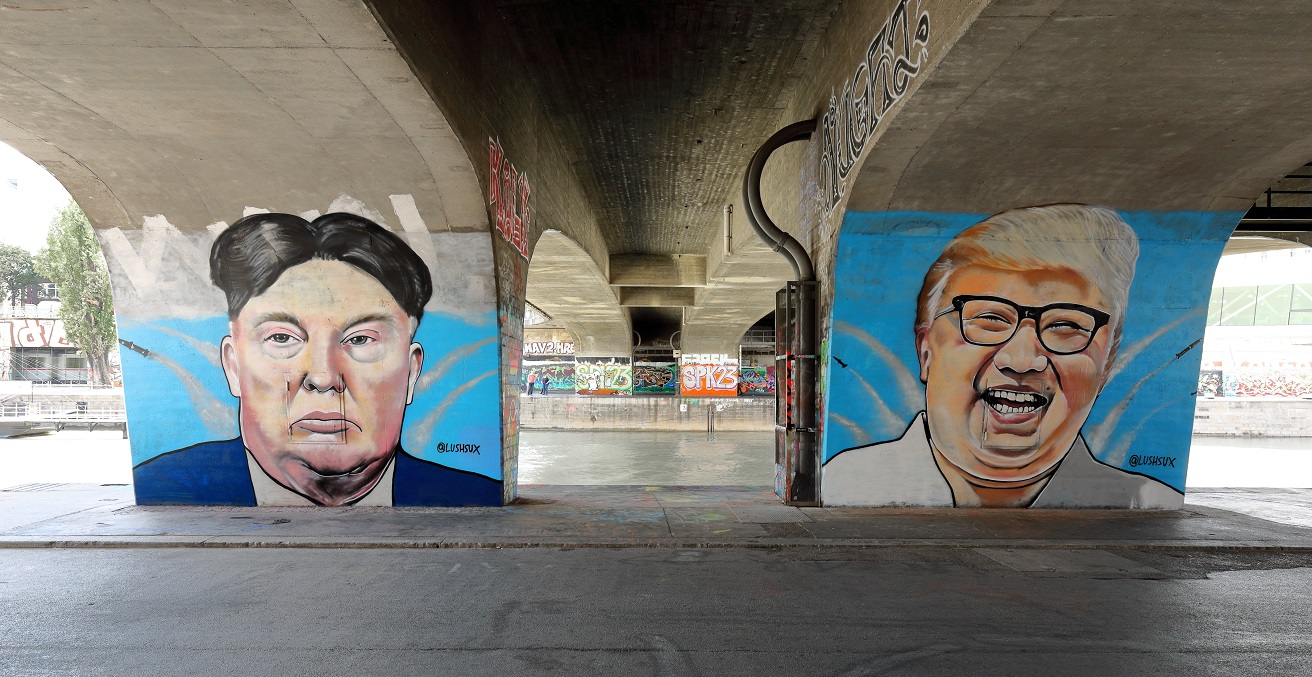 A mural of Donald Trump and Kim Jong-un