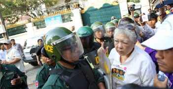 A protest is blocked by Police in Phnom Penh, Cambodia