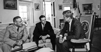 02 October 1963  President Kennedy meets with the Secretary of Defense and Chairman of the Joint Chiefs of Staff. General Maxwell D. Taylor, Secretary Robert S. McNamara