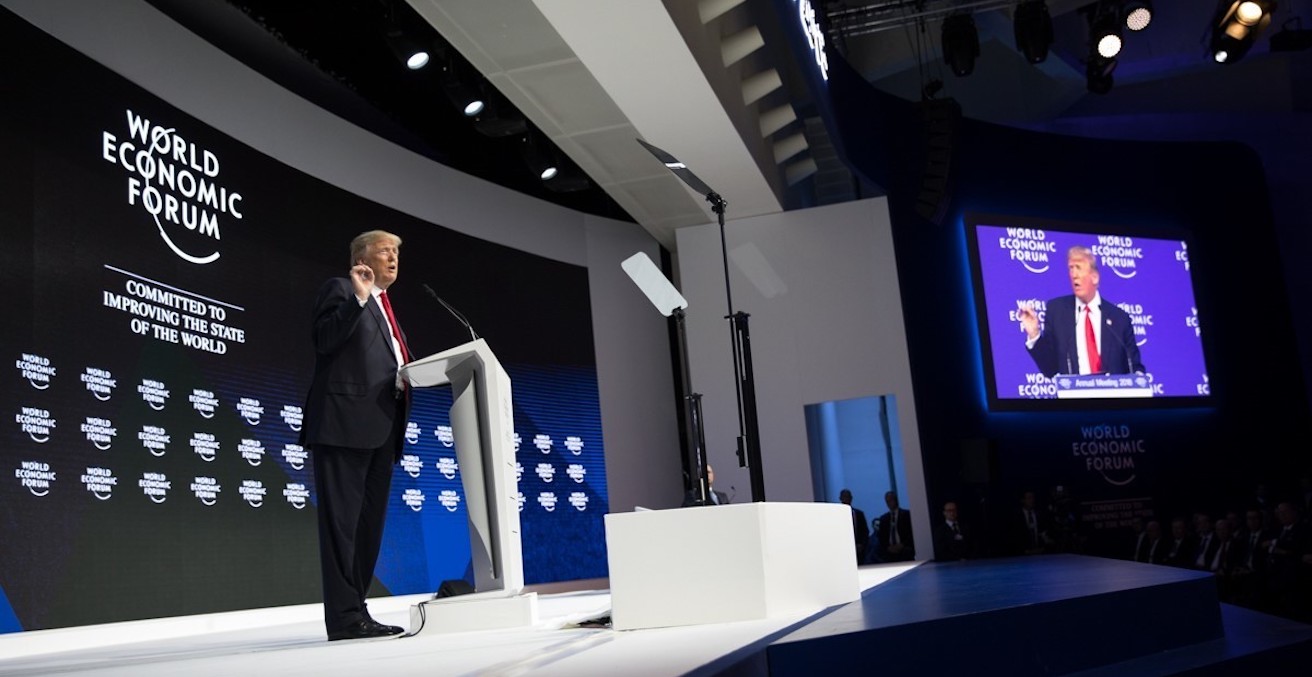 US President Trump addresses the 2018 Davos meeting of the World Economic Forum on 26 January. (Image from Whitehouse.gov)