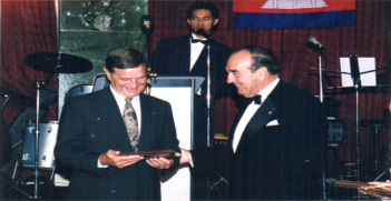 Sawathey Ek hosted a Vice-Regal Function in 1999 for a Tribute Night to friends of Cambodia, who served to implement the Paris Peace Accords 1991, Sydney, with Lt Gen John Sanderson AC received a plaque from the late Governor Gordan Samuel AC CVO QC.