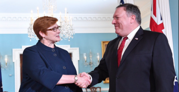 Foreign Minister Marise Payne (left) and US Secretary of State Mike Pompeo (right) at the US Embassy Canberra, 2 October 2018 (Credit: Twitter @MarisePayne)