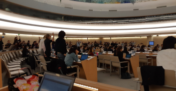 NGOs stand in solidarity against business during UNHRC Working Group at Geneva, 19 October 2018 (Credit: Twitter @joshpallas)