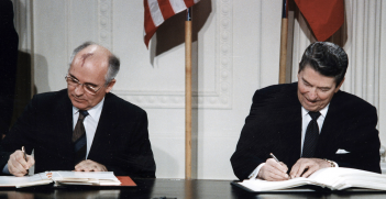 Gorbachev and Reagan sign the INF Treaty at the White House in 1987. Source: Wikipedia