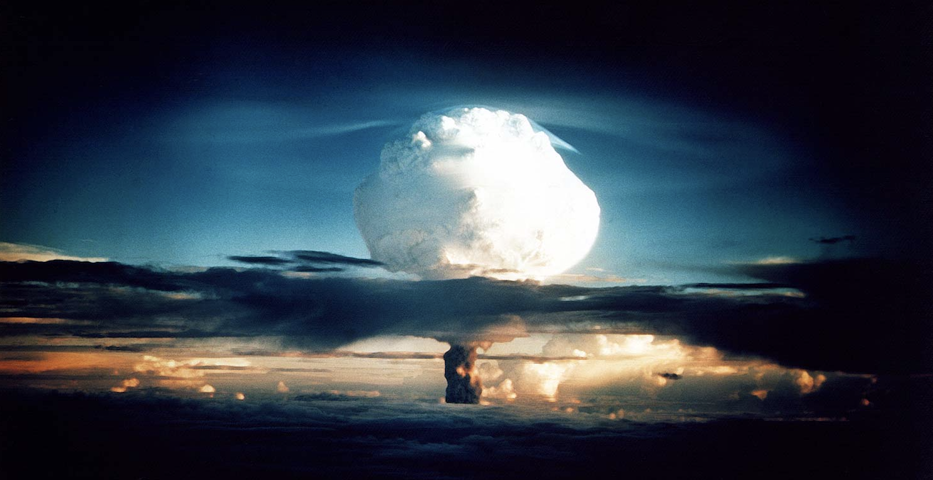 A thermonuclear device with a yield of 10.4 megatons is detonated at Enewetak Atoll in the Marshall Islands in 1952. Source: ICAN/US Government, Flickr