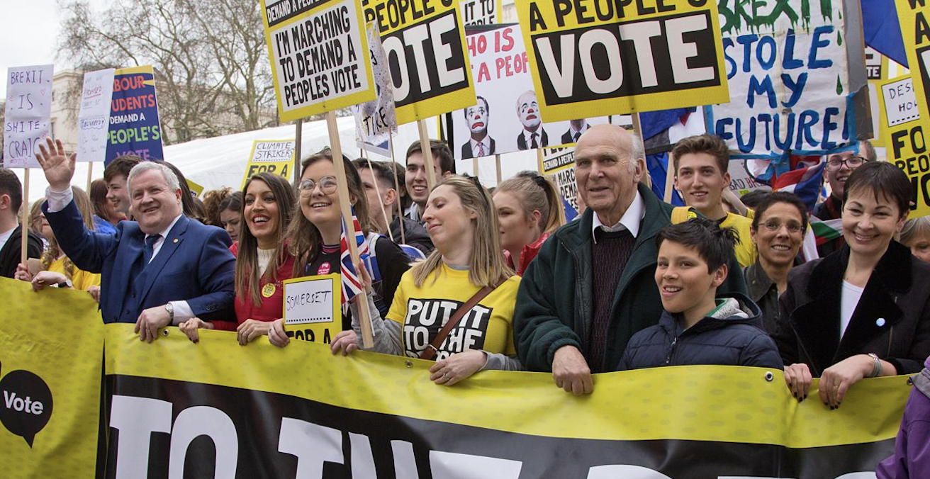 MPs Ian Blackford, Vince Cable and Caroline Lucas participate in the Brexit Put it to the People march in London on 23 March 2019. Source: Chris Beckett, Flickr