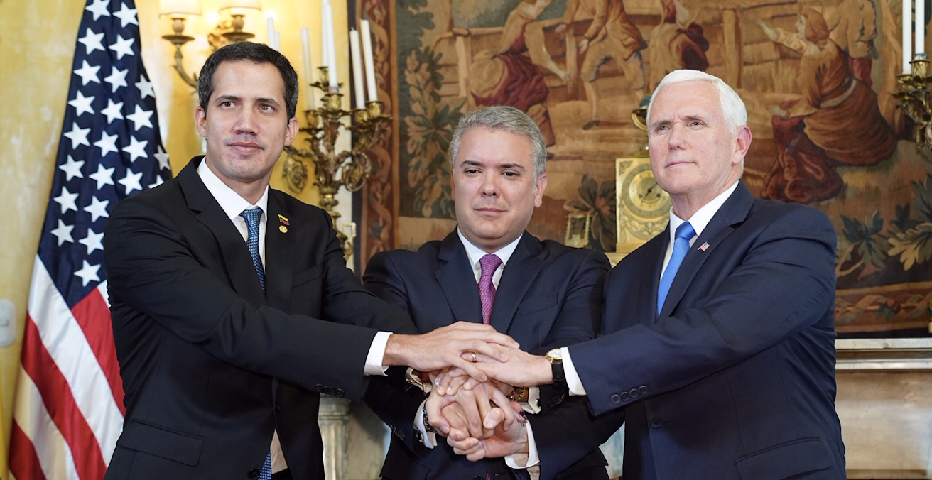 Venezuelan Interim President Juan Guaido met with Colombian President Iván Duque Márquez and US Vice President Mike Pence in Colombia on 25 February 2019. Source: The White House, Flickr