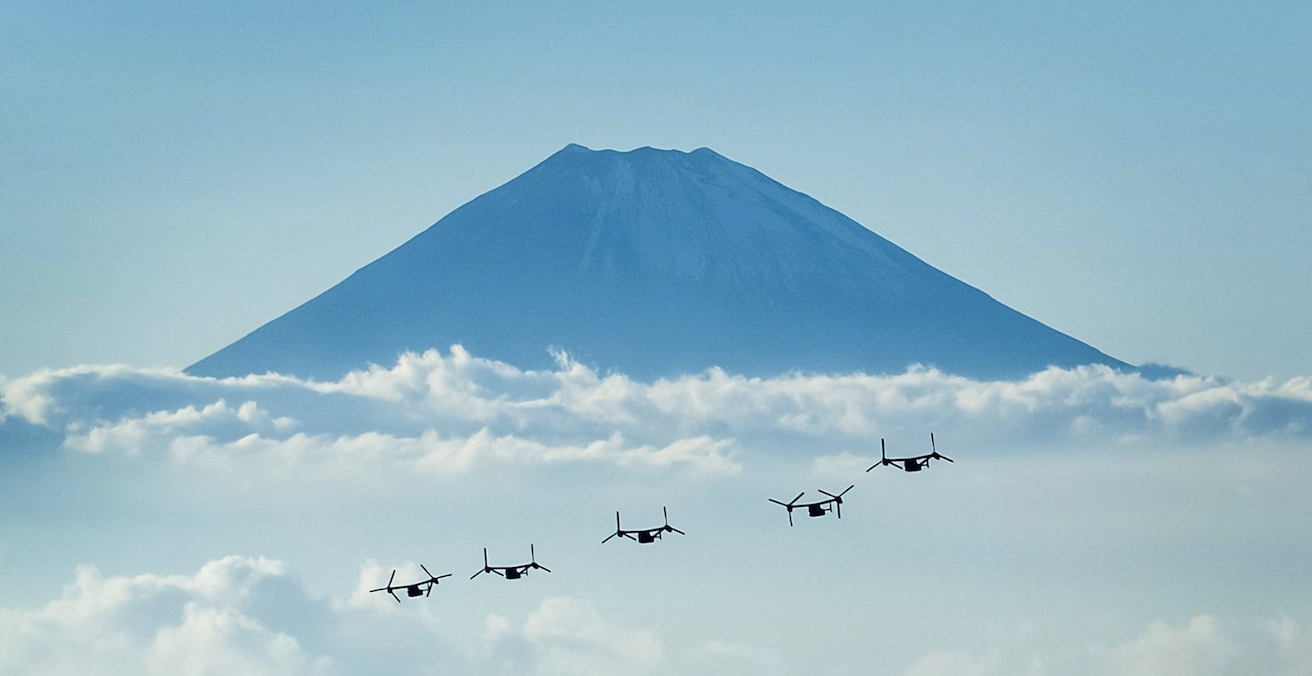 Osprey tiltrotor aircraft enroute from a training mission to the US Marine Corps Air Station in Futenma, Okinawa. Source: Marines, Flickr