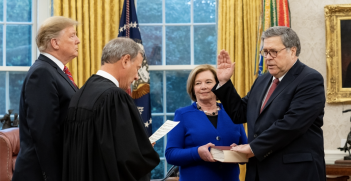 US President Trump participates in swearing-in of William Barr as the Attorney-General by Supreme Court Chief Justice John Roberts on 14 February 2019. Photo: Tia Dufour/US Department of Justice