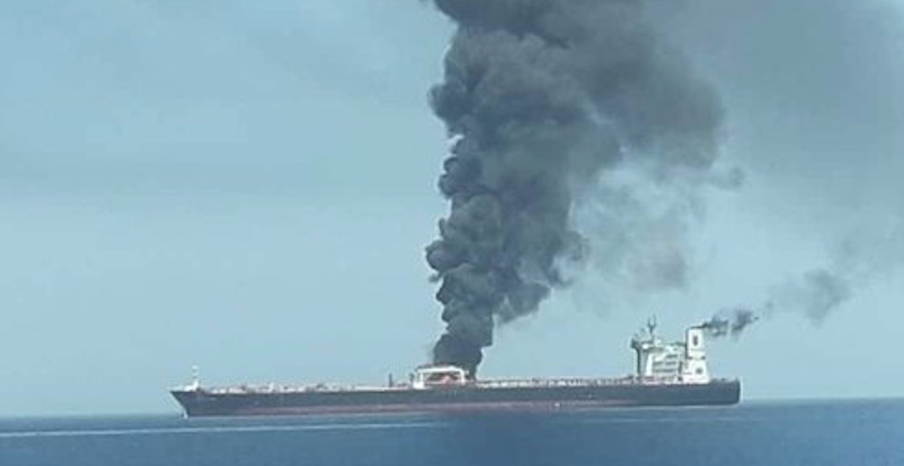 An Oil Tanker on fire in the Sea of Oman. Source: Iranian State TV, IRIB News Agency 
