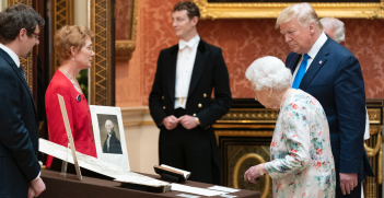 President Donald J. Trump joined by Queen Elizabeth tours the Royal Collection of American items in the Picture Gallery at Buckingham Palace Monday, June 3, 2019 in London. Source: Flickr, Official White House Photo by Shealah Craighead http://bit.ly/2K2hlaW