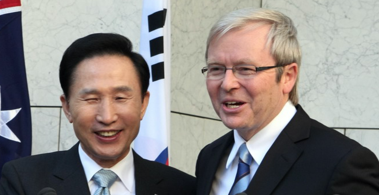 President Lee Myung-bak and Australian Prime Kevin Rudd in 2009 at Parliament House on in Canberra, Australia. Source: Flickr, Republic of Korea http://bit.ly/2KwUuCs