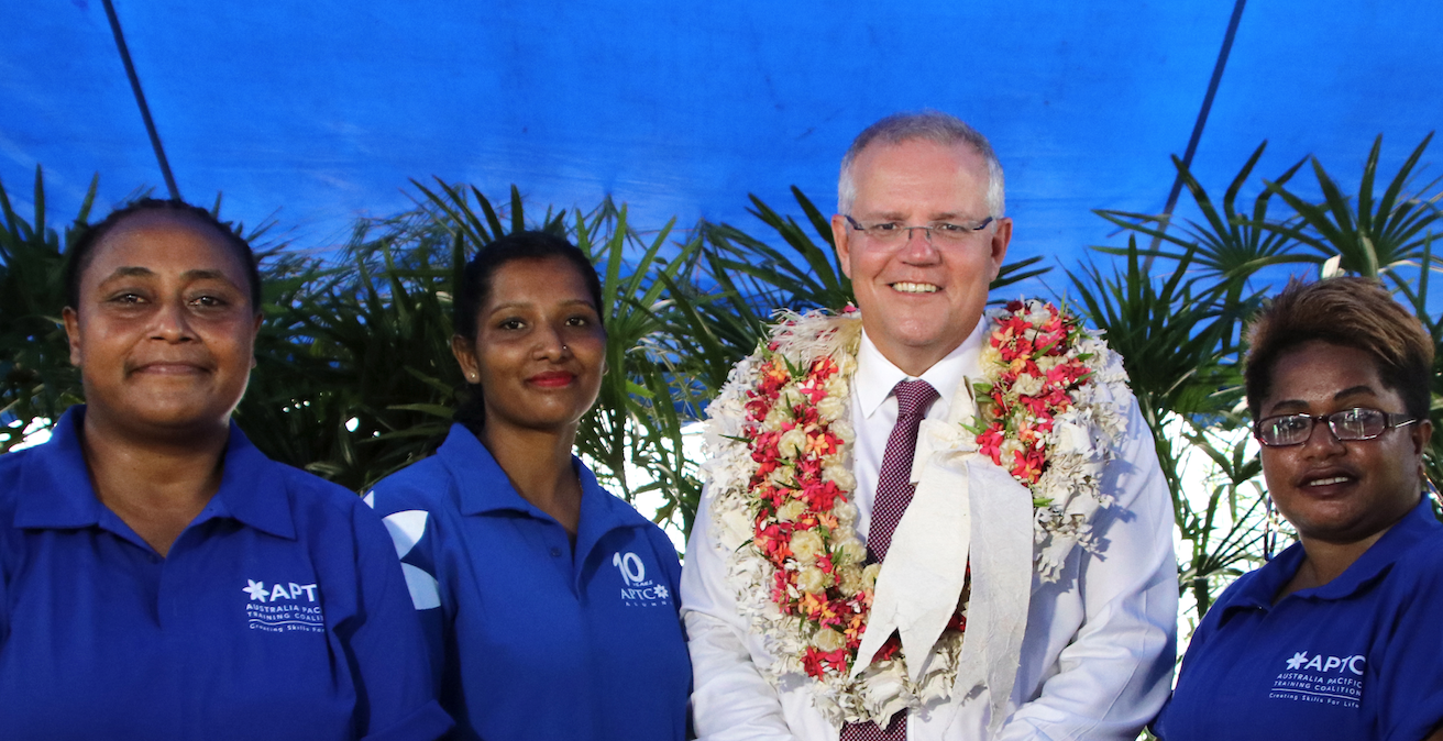 Prime Minister Scott Morrison with APTC alumni in January 2019. Source: Flickr, Australia Pacific Training Coalition http://bit.ly/333ptOY