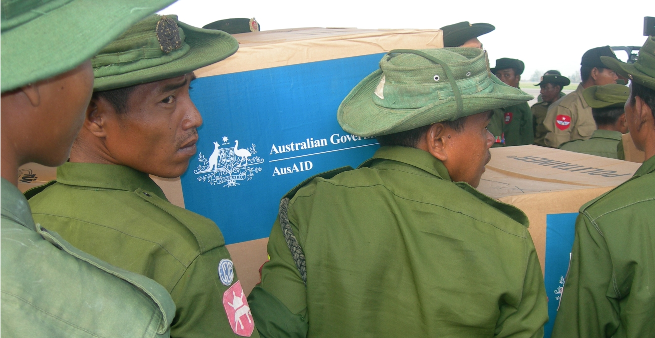 Australian aid being unloaded in Myanmar in response to Cyclone Nargis, 2008. Source: AusAID https://bit.ly/3aQPXX1