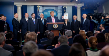 President Donald J. Trump, joined by Vice President Mike Pence and members of the Coronavirus Task Force, speaks to members of the press Wednesday, Feb. 26, 2020, in the James S. brady Press Briefing Room of the White House. Source: Official White House Photo by D. Myles Cullen https://bit.ly/2TKhd3u