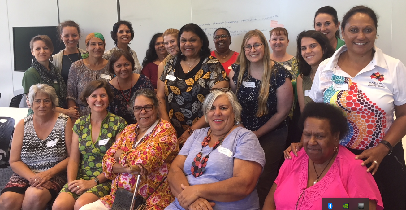 Participants, including the three authors, of the Indigenous Women's Health Yarning Circle (discussion gathering), held in Brisbane in March 2018 and facilitated by the National Aboriginal and Torres Strait Islander Women's Alliance, Women on Country, and the University of Queensland (Photo: supplied by Nina Hall).