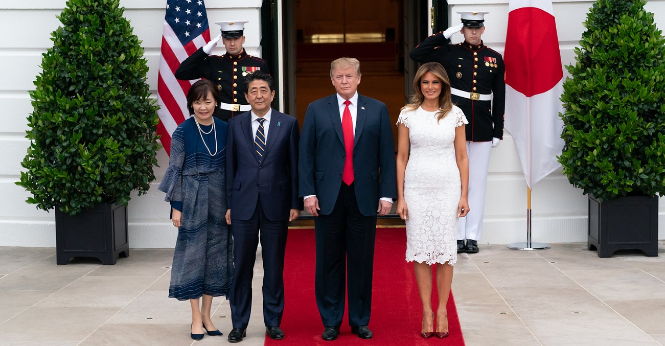 President Donald J. Trump and First Lady Melania Trump pose for a photo with the Prime Minister of Japan Shinzo Abe and his wife Mrs. Akie Abe Friday, April 26, 2019, at the South Portico of the White House. Source: White House/Andrea Hanks https://bit.ly/2Kn3ieb