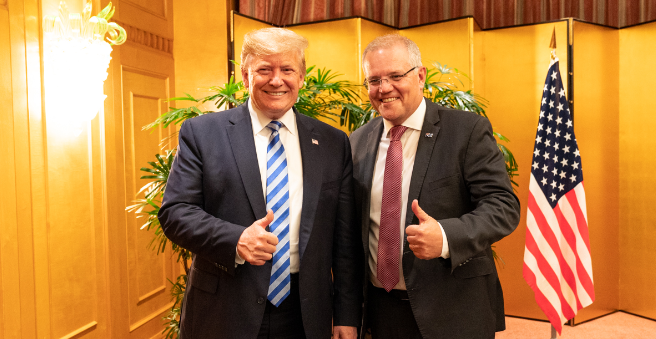 President Donald J. Trump poses for a photo with Australian Prime Minister Scott Morrison following their dinner at the Imperial Hotel Osaka Thursday, June 27, 2019, Osaka, Japan. Source: Official White House Photo by Shealah Craighead https://bit.ly/3b2S5v9