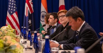 U.S. Secretary of State Michael R. Pompeo hosts a Quad Meeting with Australian Foreign Minister Marise Payne, Indian External Affairs Minister Subrahmanyam Jaishankar, and Japanese Foreign Minister Toshimitsu Motegi, at the Palace Hotel, in New York City, New York on September 26, 2019. Source: Ron Przysucha https://bit.ly/36GPAgL