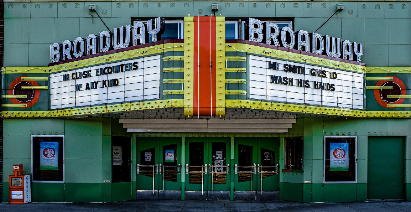 Closed during the COVID-19 pandemic, Mt. Pleasant's Broadway Theatre uses its marquee to spread a (comedic) message about the pandemic. Source: Dan Gaken https://bit.ly/2XSeKGA