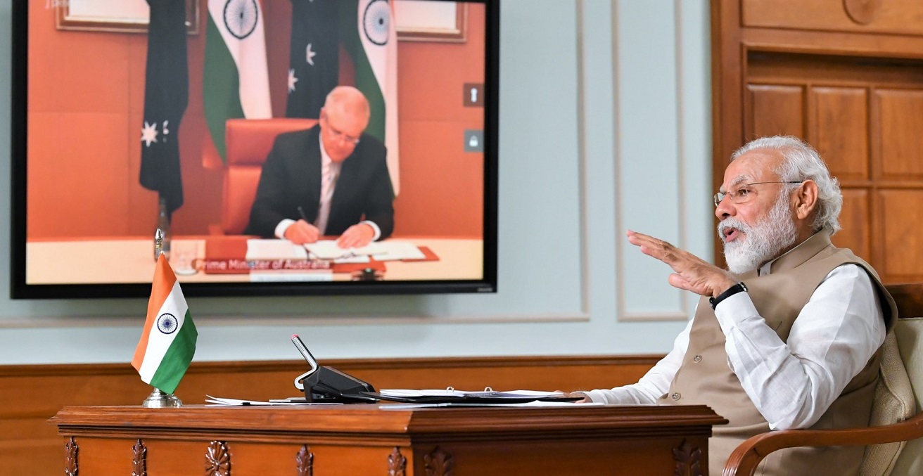 Indian Prime Minister Narendra Modi meets with Australian Prime Minister Scott Morrison via video conference on June 4, 2020.  Source: Ministry of External Affairs https://bit.ly/2YDsbt1