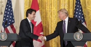 President Donald Trump and Canadian Prime Minister Justin Trudeau shake hands during a joint press conference, Monday, Feb. 13, 2017, in the East Room of the White House. Source: Official White House Photo by Shealah Craighead https://bit.ly/381yRW6