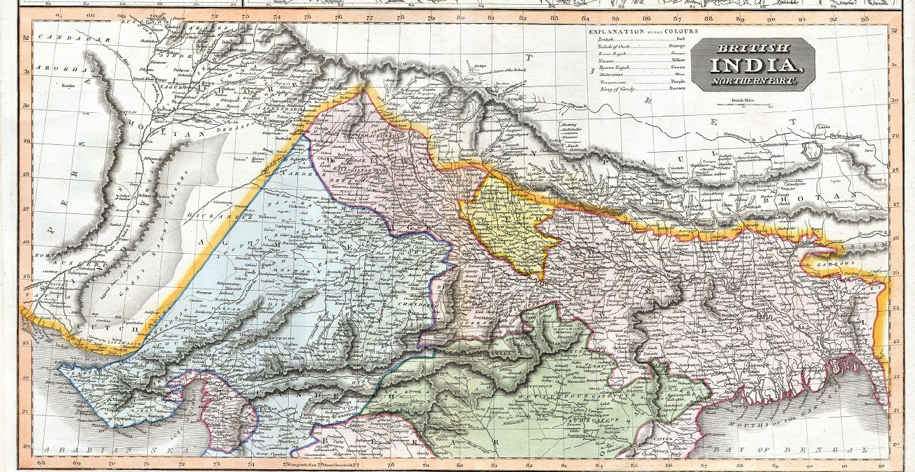 A hand colored 1814 map by Edinburgh cartographer John Thomson depicts northern India and Nepal. Source: Geographicus Rare Antique Maps https://bit.ly/3gD9fSE