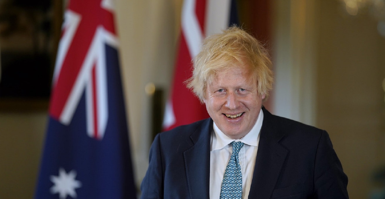  Prime Minister Boris Johnson inside No. 10 Downing Street filming his message to Australia to mark the start of the trade talks, on 15 June 2020 
Source: Andrew Parsons, https://bit.ly/3b26dpu