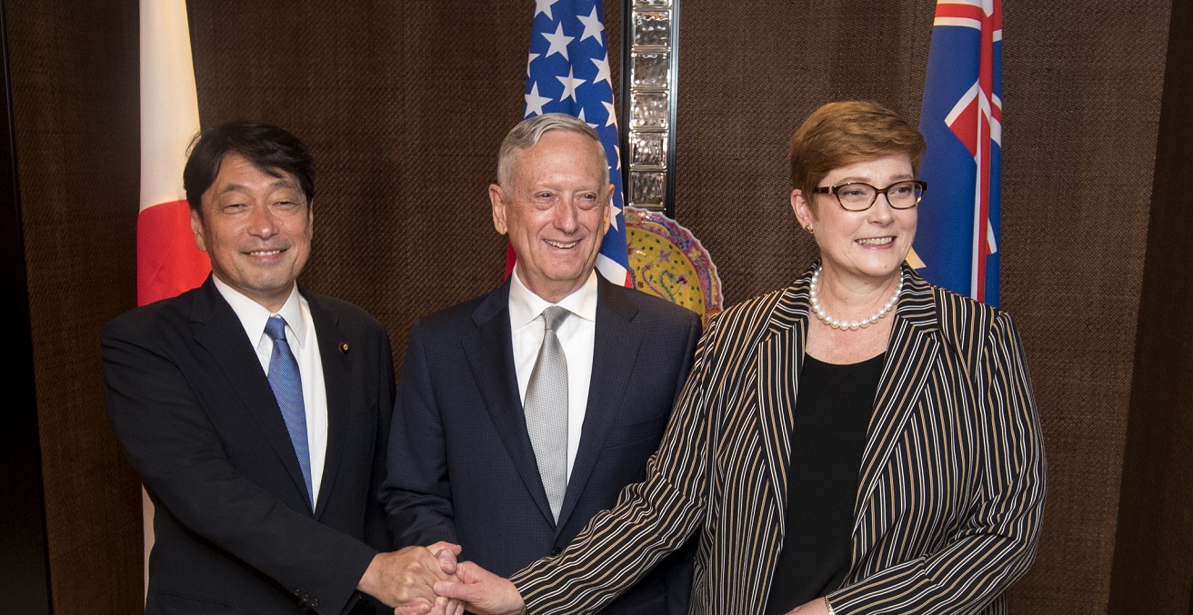 A meeting between James N. Mattis of the United States, Marise Payne of Australia, and Itsunori Onodera of Japan at the Shangri-La Dialogue in Shangri-La, Singapore, June 2, 2018. The ministers met to build upon their partnership and to discuss defence strategies. Source: DoD Photo by Tech Sgt. Vernon Young Jr. https://bit.ly/3n7KVfI