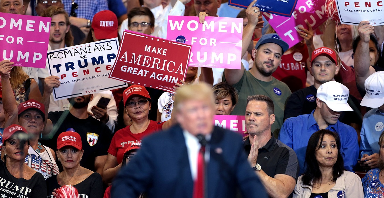 Supporters of Donald Trump speaking at a campaign rally at the Phoenix Convention Center in Phoenix, Arizona.
Source: Gage Skidmore, https://bit.ly/3e4zDVc