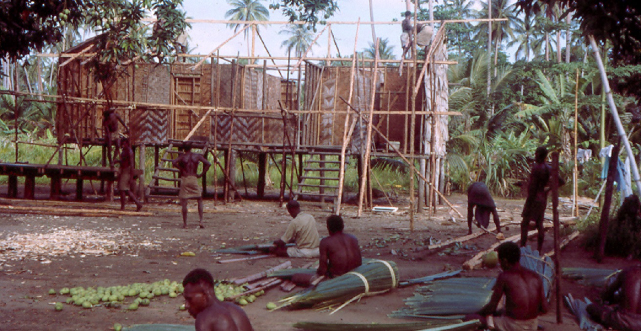 Offices and accommodation for police being constructed by local indigenous men under the supervision of Australian kiaps, 1964.
Source: https://bit.ly/30JpOH4