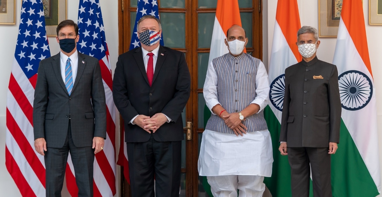 Secretary Pompeo and Defense Secretary Esper Participate in the U.S.-India 2+2 Ministerial Dialogue with Indian External Affairs Minister Dr. Jaishankar and Indian Defence Minister Singh. Source: State Department/Ron Przysucha https://bit.ly/3p1kDMX