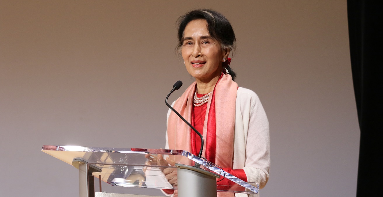 Myanmar leader Aung San Suu Kyi delivers an address at Asia Society in New York. Source: Asia Society https://bit.ly/3fEwUTv