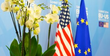 The US and EU flags and a bouquet of orchids at the VIP entrance of the 2014 EU-US summit. Source: Herman van Rompuy https://bit.ly/2JHFsgr