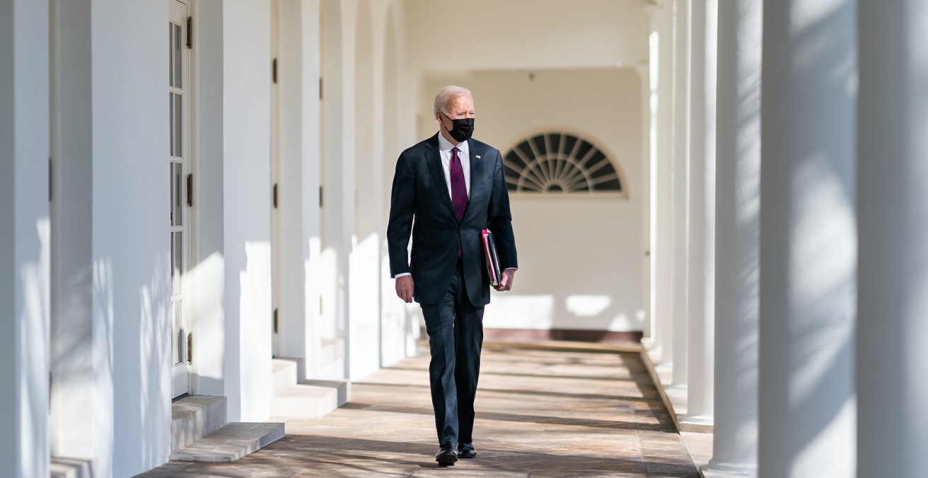 President Joe Biden walks along the Colonnade of the White House Tuesday, Feb. 23, 2021, to the Oval Office. Source: The White House https://bit.ly/3tj94Ci