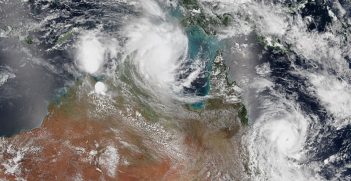 The Fujiwhara Effect played out in Australia in 2015, when cyclone Lam interacted with cyclone Marcia. Sourced from wiki commons, https://bit.ly/3wVolM4