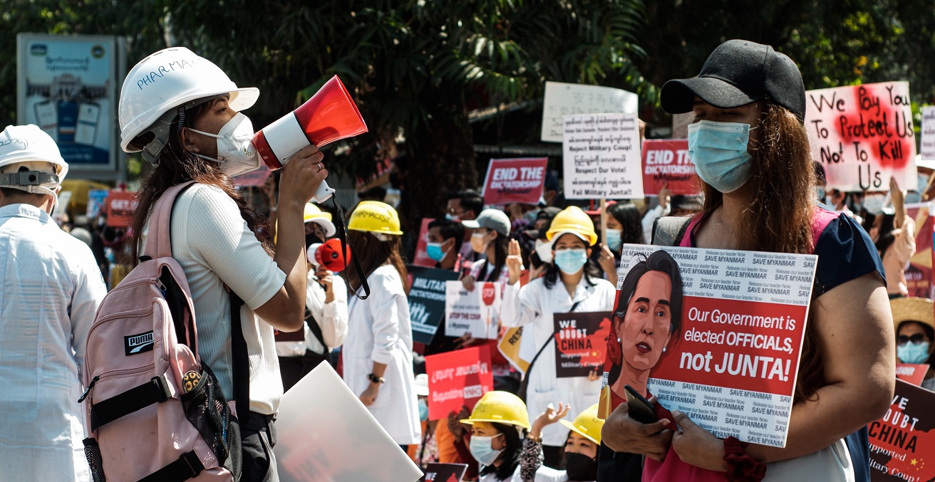 Protests in Myanmar 2021, Photographer MgHla (aka) Htin Linn Aye, sourced from Wikimedia Commons, https://bit.ly/3x9r4BB